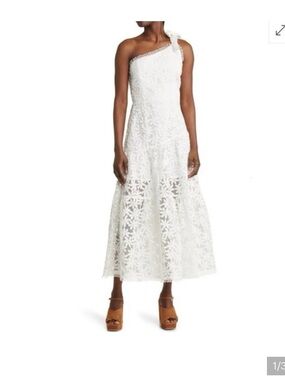 Lost + Wander One-Shoulder White Floral Lace Midi Dress